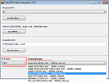 Free DVD Video Converter: Voreinstellungen für Ausgabeformat auswählen