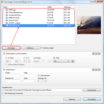 Free Image Convert and Resize: Quelldateien auswählen