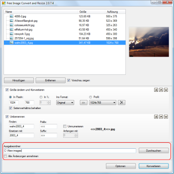Free Image Convert and Resize: Speicherordner wählen