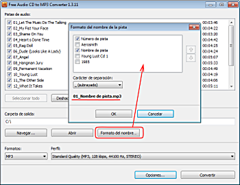 Free Audio CD To MP3 Converter: configurar formato del nombre de salida