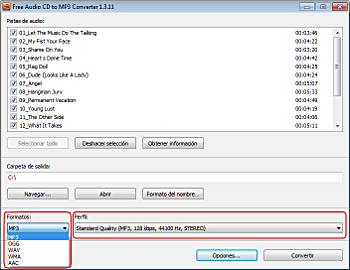 Free Audio CD To MP3 Converter: seleccionar configuración de los archivos de salida