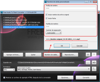 Free Audio to Flash Converter: establecer el nombre del archivo de salida