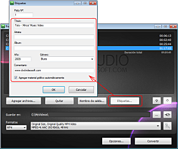 Free AVI Video Converter: rellenar las etiquetas