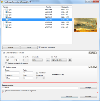 Free Image Convert and Resize: seleccionar la carpeta de salida