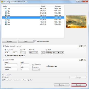 Free Image Convert and Resize: seleccionar dimensiones de la imagen y formato de salida