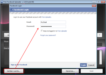 Free Uploader for Facebook: entrar en la cuenta de Facebook