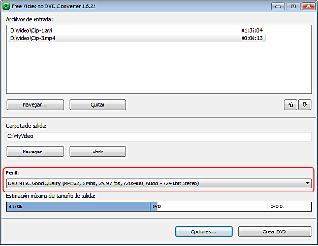 Free Video to DVD Converter: selecciona configuración de los archivos de salida