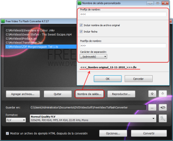 Free Video to Flash Converter: para cambiar nombre del archivo haz clic en el botón "Nombre de salida…"