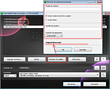 Free WebM Video Converter: para cambiar nombre del archivo haz clic en el botón "Nombre de salida…"