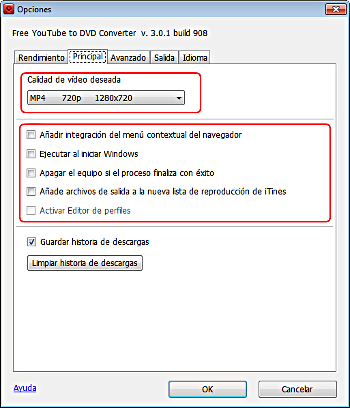 Free YouTube to DVD Converter: configurar las opciones