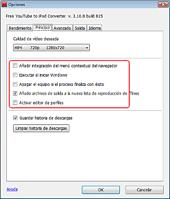 Free YouTube to iPod Converter: configurar las opciones