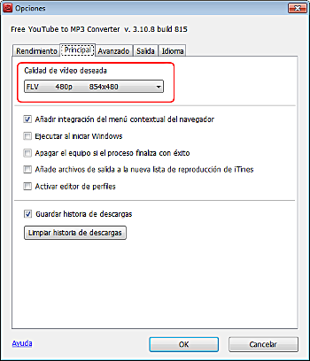 Free YouTube to MP3 Converter: configurar las opciones