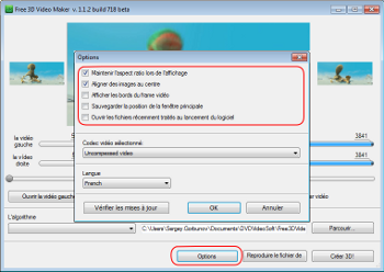 Free 3D Video Maker: sélectionnez options