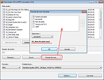 Free Audio CD To MP3 Converter: établissez le format de nom du fichier