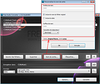 Free Audio Converter: créez le modèle du nom de sortie