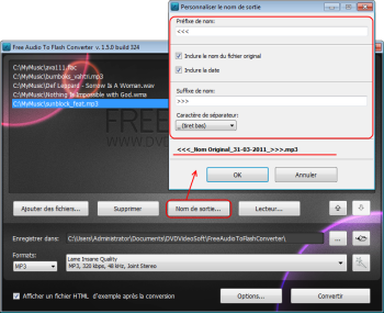 Free Audio to Flash Converter: établissez le nom du fichier de sortie