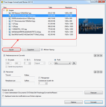 Free Image Convert and Resize: sélectionnez des fichiers d'entrée