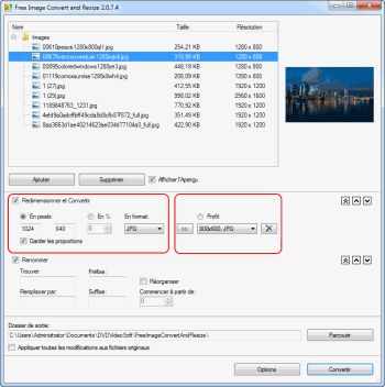 Free Image Convert and Resize: indiquez les dimensions de l'image de sortie et le format du fichier 