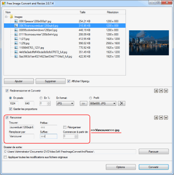 Free Image Convert and Resize: sélectionnez le nom du fichier de sortie
