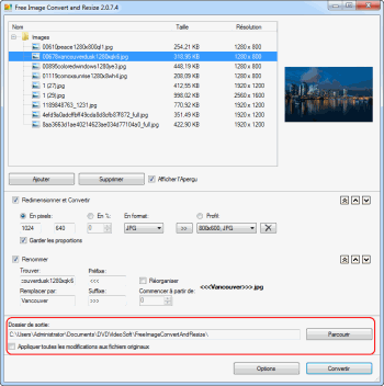 Free Image Convert and Resize:  sélectionnez la location de sortie