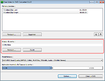 Free Video to DVD Converter: sélectionnez la location de sortie