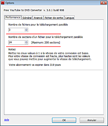 Free YouTube to DVD Converter: établissez les options