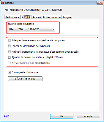 Free YouTube to DVD Converter: établissez les options