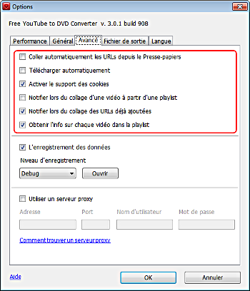 Free YouTube to DVD Converter: établissez les options