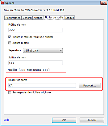Free YouTube to DVD Converter: établissez les options