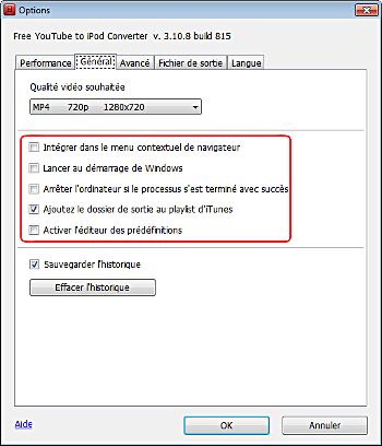 Free YouTube to iPod Converter: établissez les options