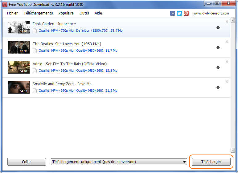 Free YouTube Download: sélectionnez le format de sortie