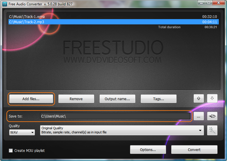 Free Audio Converter: choose input audio file(s) and output folder