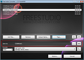 Free Audio Converter: select an output location