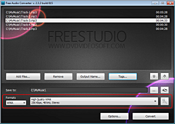 Free Audio Converter: select an output format profile