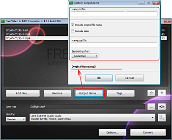 Free Video to MP3 Converter: set output file name