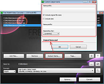 Free WebM Video Converter: set output file name