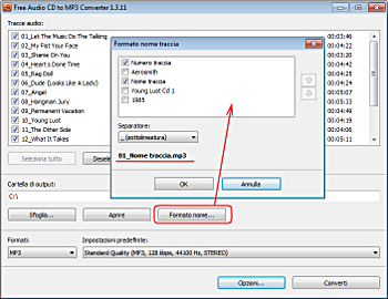 Free Audio CD To MP3 Converter: imposta il formato del nome di traccia