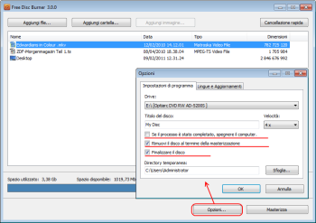 Free Disc Burner: imposta opzioni