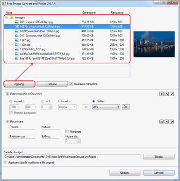 Free Image Convert and Resize: seleziona i file di input