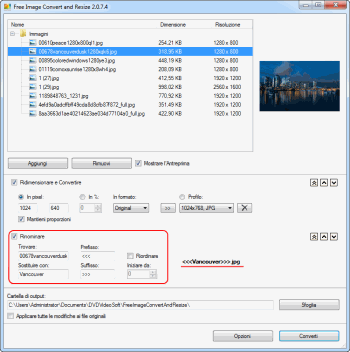 Free Image Convert and Resize: imposta il nome del file di output