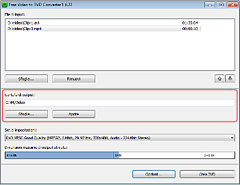 Free Video to DVD Converter: seleziona la cartella di output