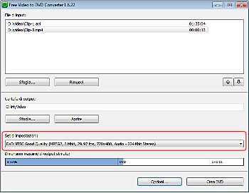 Free Video to DVD Converter:  seleziona il formato ed il profilo di output