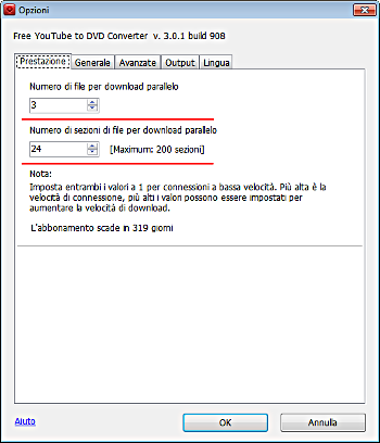 Free YouTube to DVD Converter: imposta opzioni