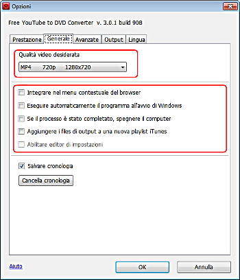Free YouTube to DVD Converter: imposta opzioni