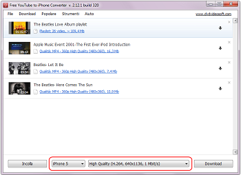 Free YouTube to iPhone Converter: seleziona formato di output