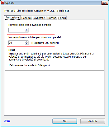 Free YouTube to iPhone Converter: imposta opzioni