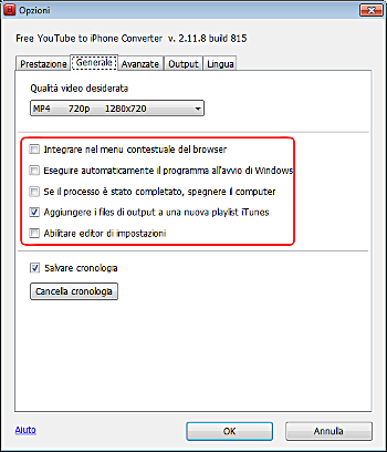 Free YouTube to iPhone Converter: imposta opzioni