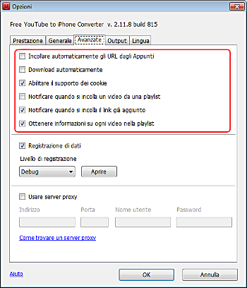 Free YouTube to iPhone Converter: imposta opzioni