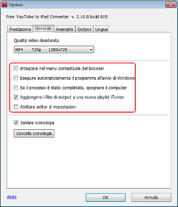 Free YouTube to iPod Converter: imposta opzioni