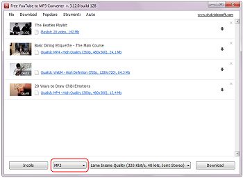 Free YouTube to MP3 Converter:  seleziona il formato di output